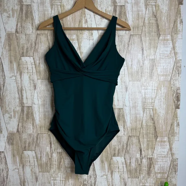 JETS Swimwear Australia Dark Green One Piece V-Neck Ruched Swimsuit USA 12 UK 16 - Image 2