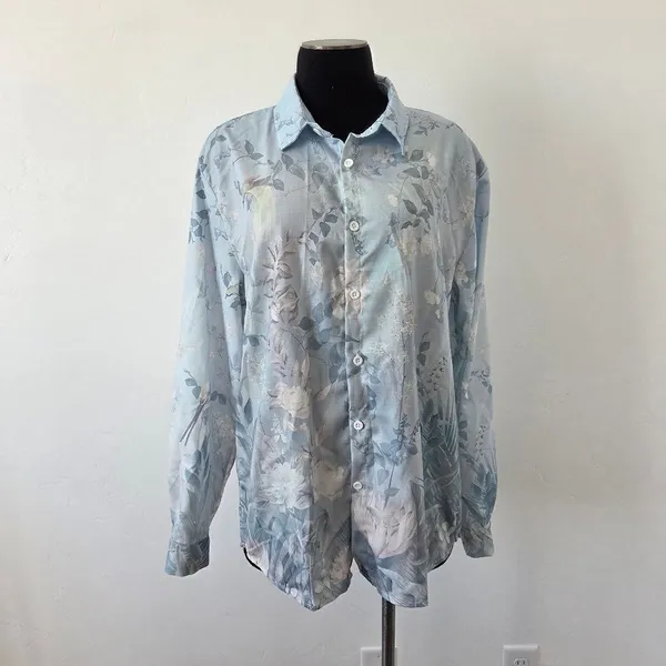 Blue Floral Blouse Top Linen Feel Pastel Lightweight Cottagecore Grandmacore L - Image 5
