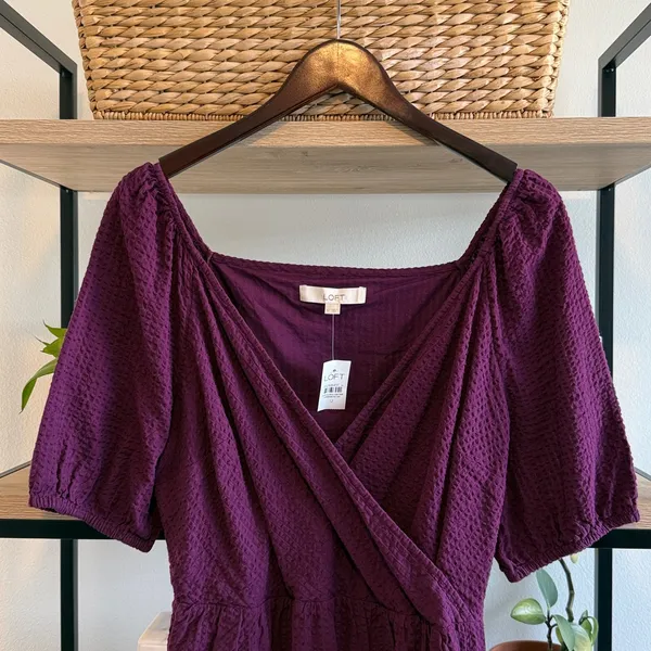 NWT Ann Taylor Loft 100% Cotton Wrap Bodice Textured Summer Dress, 12 - Image 2