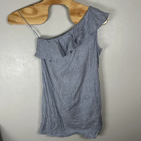 Theory Alexandra Linen Blend Mini Dress Womens 12 Chambray One Shoulder Ruffle - Image 4
