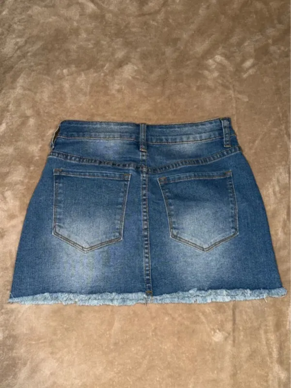 Women's Blue Denim Mini Skirt with Frayed Hem - Image 2
