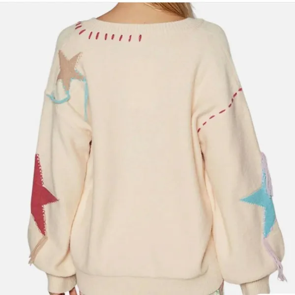 POL Patchwork Star Sweater - Beige V Neck Thick Knit Size Medium - Image 4