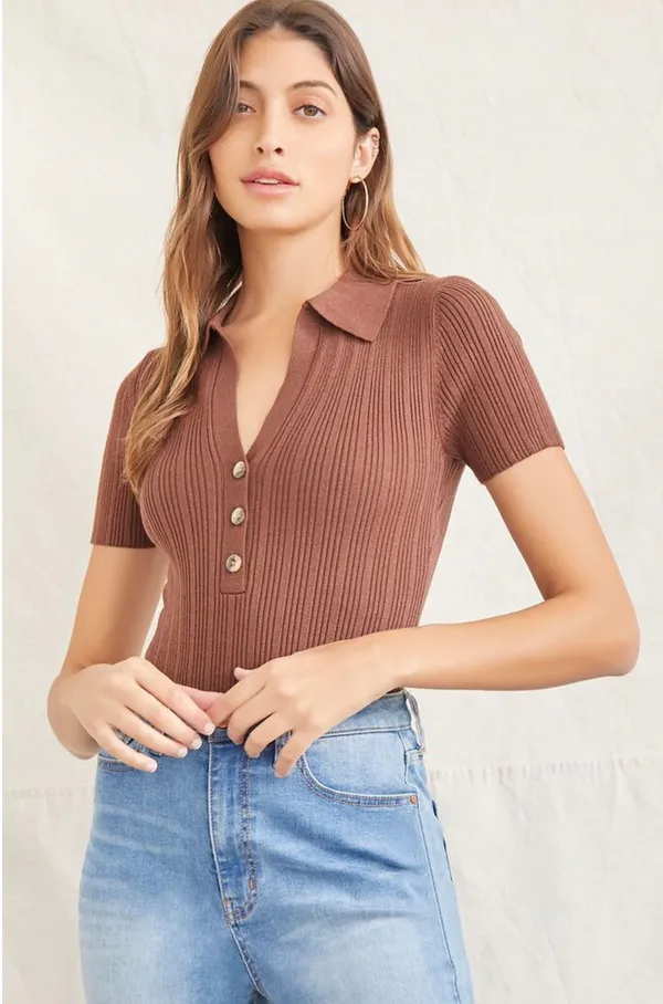 Forever 21 Brown Collared Sweater-Knit Bodysuit - Image 2