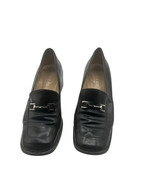 Gucci Size 9.5 Leather Block Heel Loafers Metal Buckle Details Black - Image 8