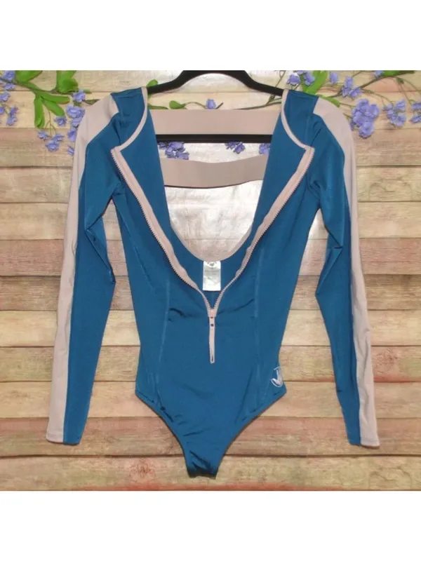 Body Glove One Piece Swimsuit Teal Blue Size S Open Back Long Sleeve Zip Front - Image 3