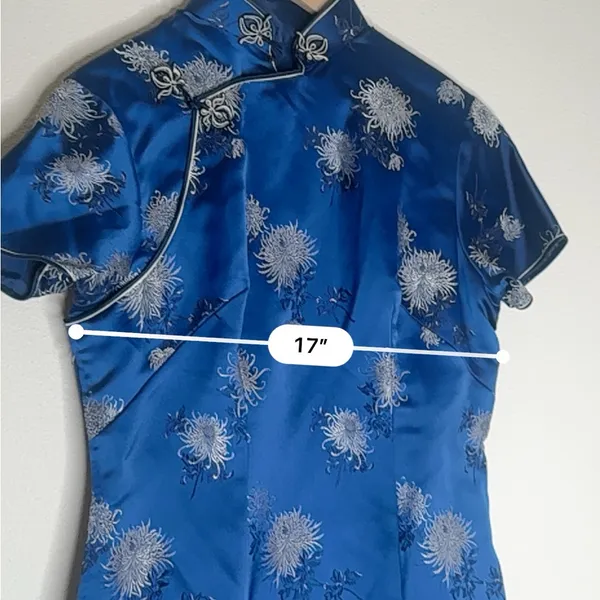 Vtg Cheongsam Dress Blue Floral Mandarin Collar Midi Length Frog Closure - Image 6