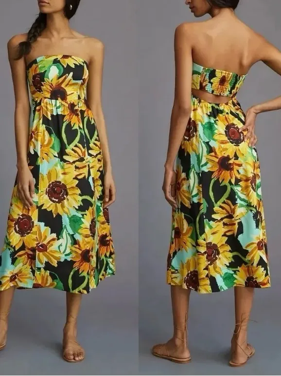 Anthropologie Maeve Sunflower Strapless Silk Rayon Midi Dress boho Cottagecore - Image 2