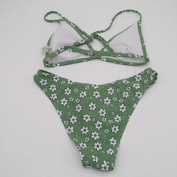 2 Piece Triangle Bikini Set Womens S Green White Floral Stretch Spaghetti Straps - Image 4