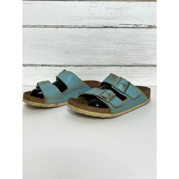 Birkenstock Arizona Washed Metallic Aqua Blue Leather Sandals Size EU 39 US 8 - Image 8