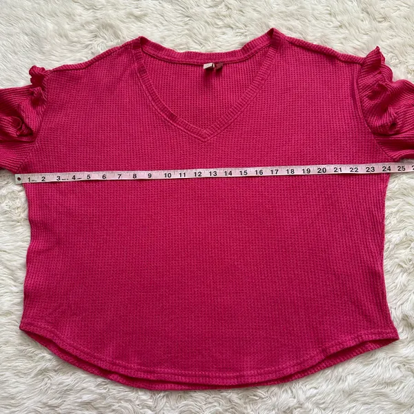 Anthropologie Pilcro Top Ruffled V-Neck Shirt Waffle Knit Raspberry Pink L - Image 11