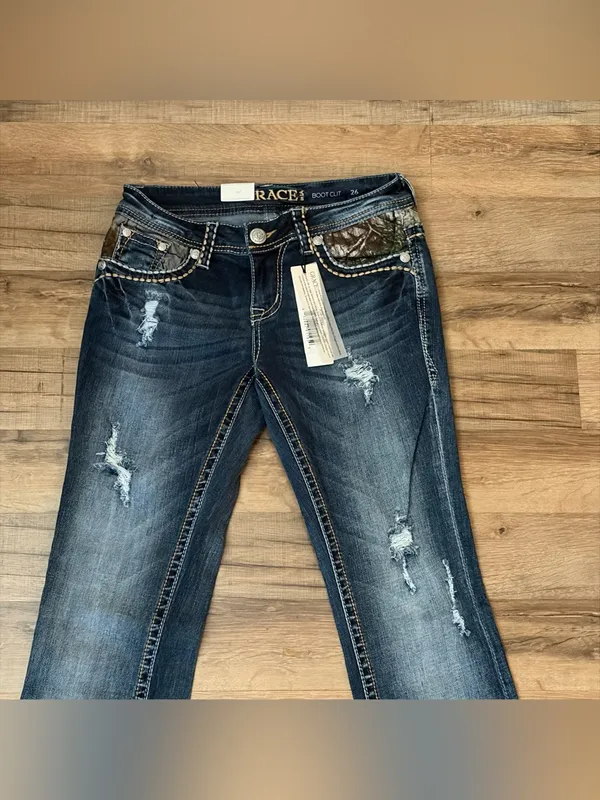 Grace in LA Camo Yoke Embellished Distressed Bootcut Jeans 2/26 NWT - Image 2