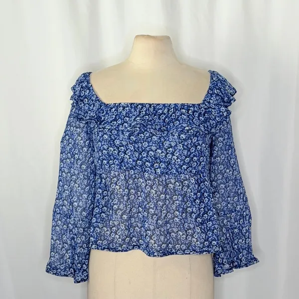 Anthropologie MAEVE Square Neck Sheer Babydoll Top Blue White Floral Large‎ - Image 3