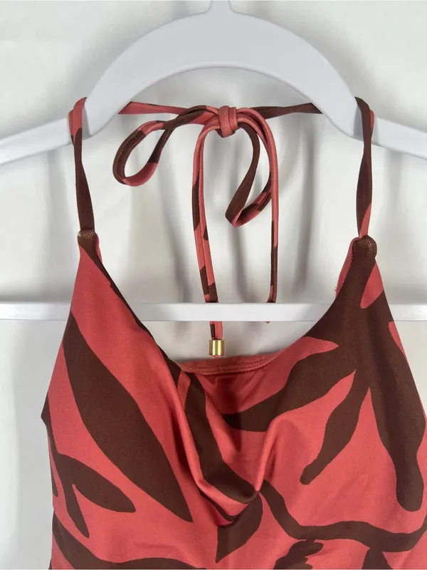 Vitamin A Rust and Dark Brown Botanical Tie-Shoulder One-Piece - Image 3