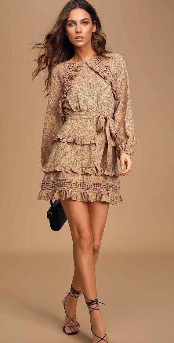 Lulu’s Kiss Me Goodnight Tan Polka Dot Ruffled Long Sleeve Mini Dress - Image 5