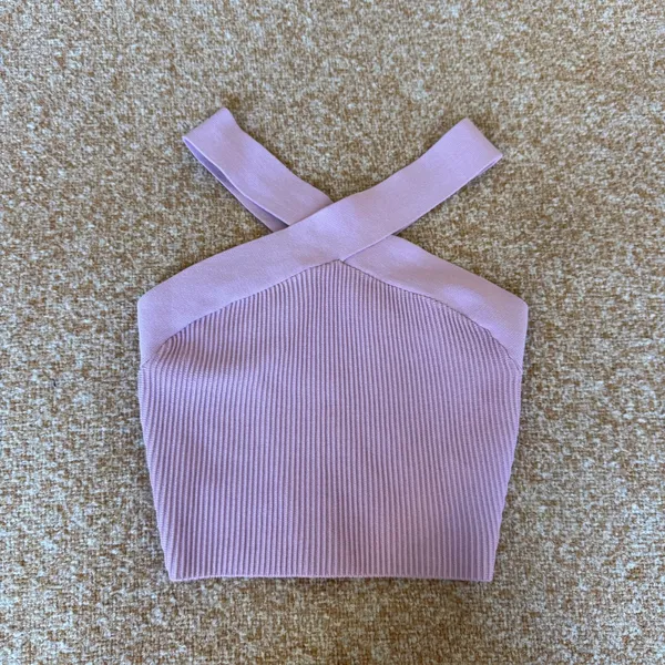 Babaton Sculpt Knit Criss Cross Tank Top Lavender Purple Ribbed Crop XS - Image 6