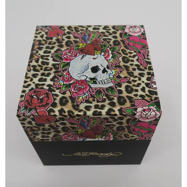 Ed Hardy Women Watch Gold Tone Skull Roses Black Strap Tattoo Art New In‎ Box - Image 2