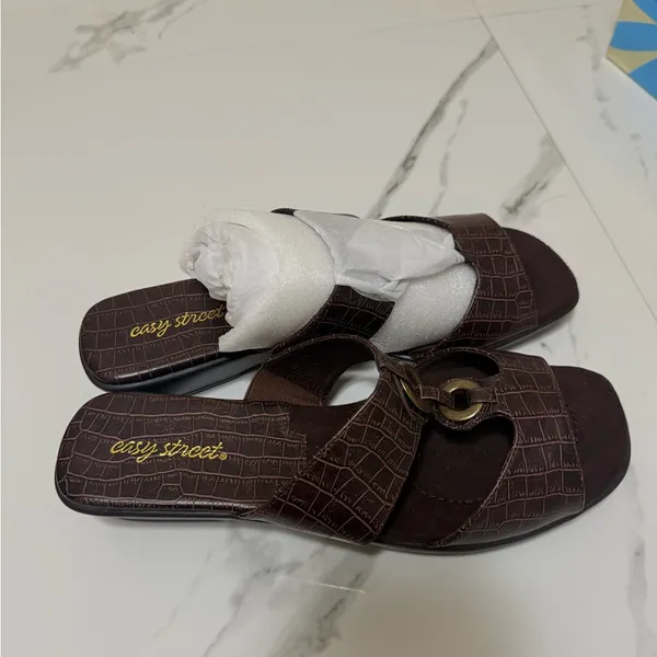 easy street Brown Croc Slide Sandals with Ring Accent - Image 4