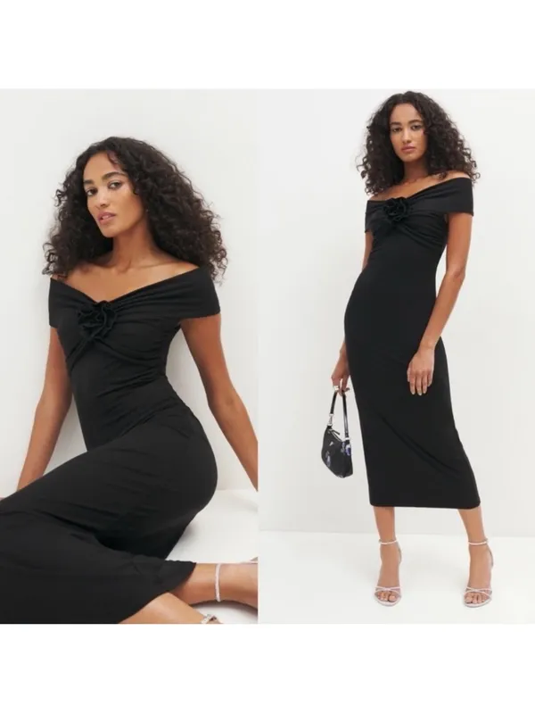 Reformation Vida Knot Front Off Shoulder Knit Midi Maxi Dress Black LBD - Image 10