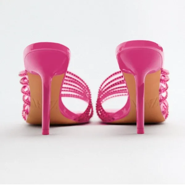 ZARA Hot Pink Rhinestone Embellished Vinyl Sequin Strappy Open Square Toe High Heels Sandals Mules - Image 10