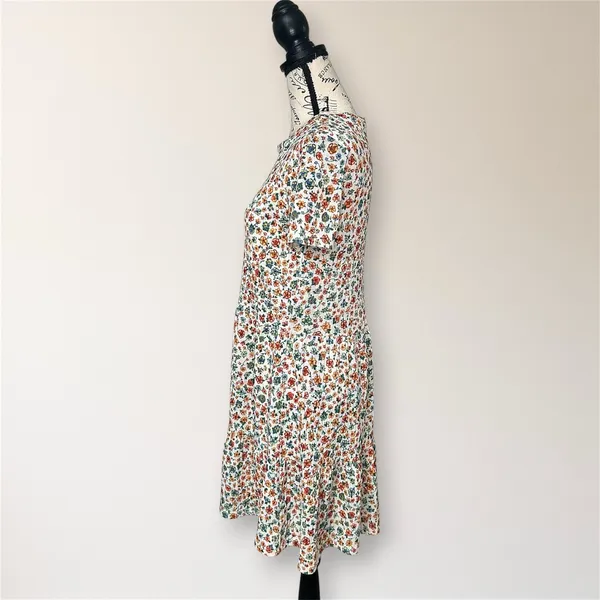 ZARA M Cream Floral Ribbed Knit Tiered Mini Dress Short Sleeve Cottagecore‎ Boho - Image 6