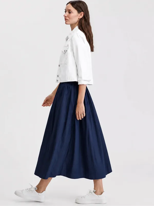 097- On 34th Navy Blue Pull-On Cotton Poplin Midi Skirt Size Large - Image 3