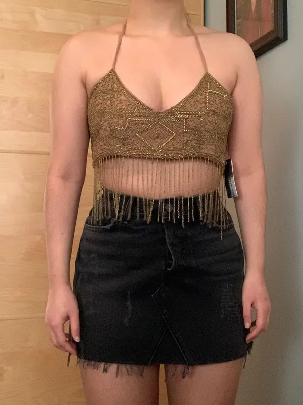 Urban Outfitters NWT $79 gold intricate beaded embellished festival backless tie halter crop top - Image 3