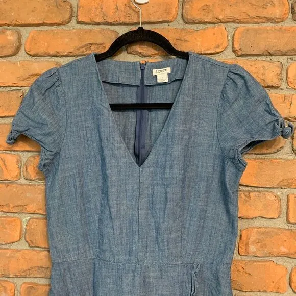 J. Crew Chambray Dress Womens‎ 2 Blue V-Neck Short Sleeve Tie Detail Casual Mini - Image 2