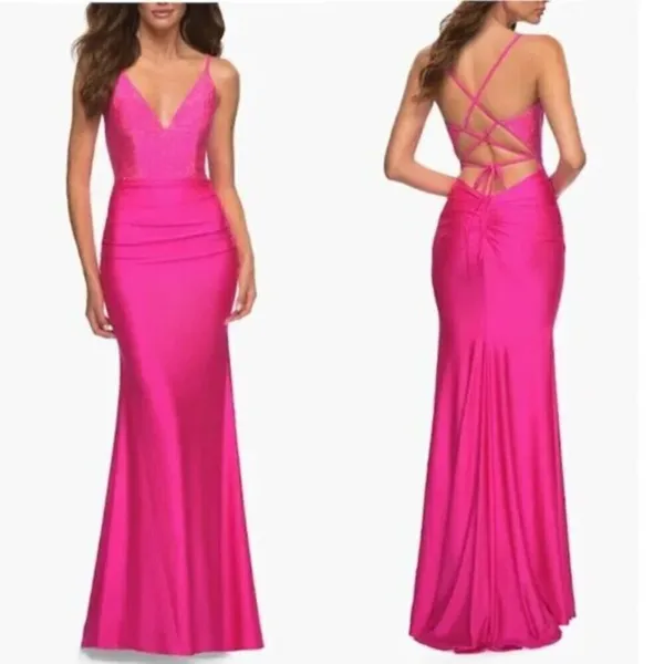 LA FEMME Tie Back Sequin Trumpet Gown in Neon Pink Size US 0 - Image 9