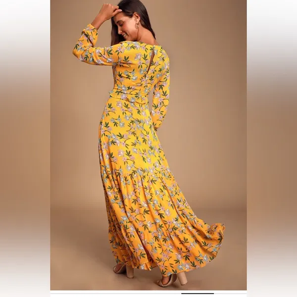 New Lulus Maxi Dress Sz M Thrive Together Yellow Floral Long Sleeves NWT - Image 12