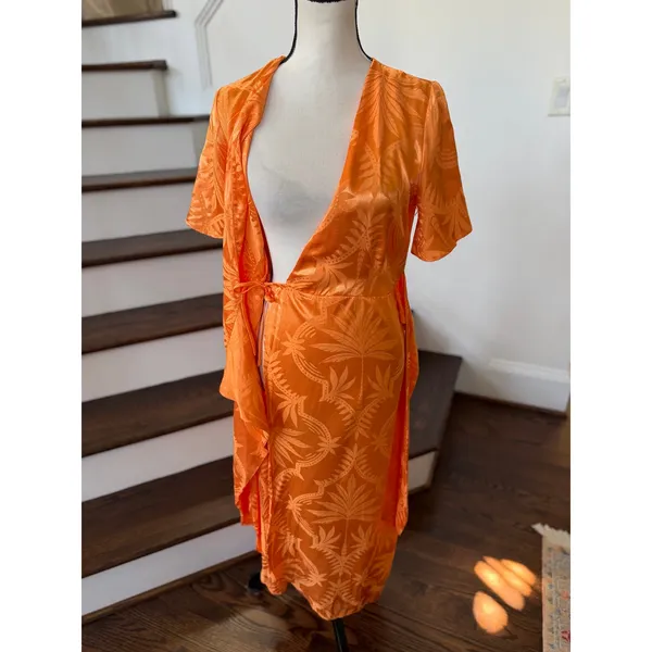 NeverFullyDressed Apricot Orange Palm Vienna Short Sleeve Midi Satin Wrap Dress - Image 3