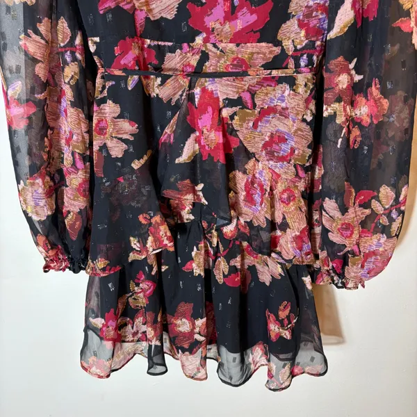 Lulus Dramatically Dreamy Black Floral Chiffon‎ Tiered Lurex Mini Dress Medium - Image 3