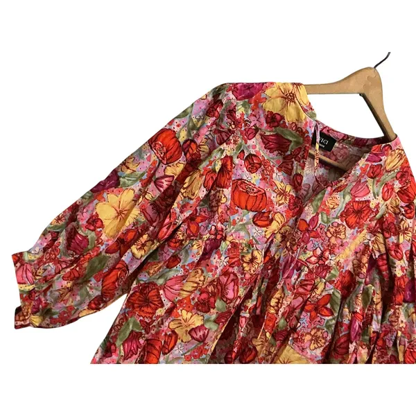VICI Red Floral‎ Babydoll Top Medium 3/4 Balloon Sleeve Empire Waist Size M - Image 11