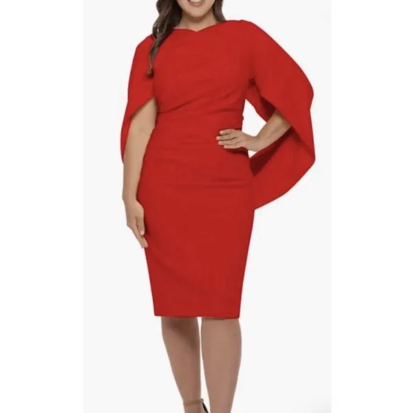 Betsy & Adam Jordan Cape Sleeve Crepe Sheath Midi Dress Size 12 Red Cocktail - Image 7