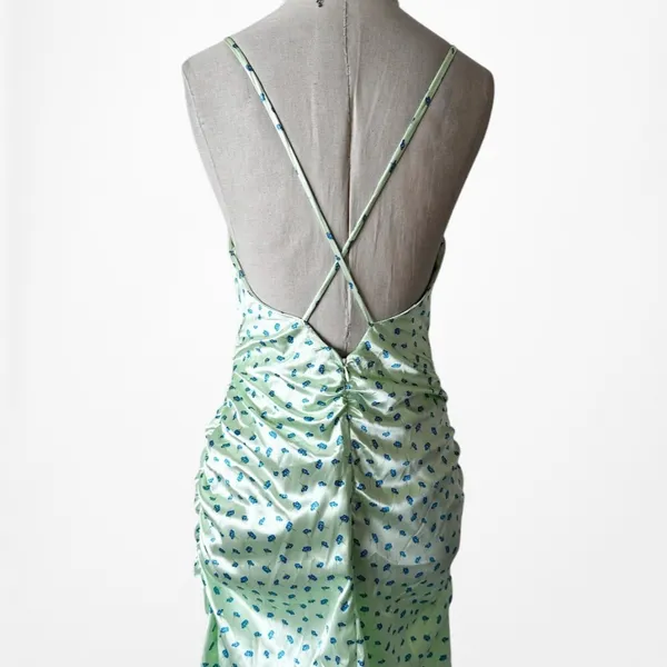 Zara Pastel Green Blue Printed Satin Midi Ruched Side Slit Summer Sundress S - Image 8