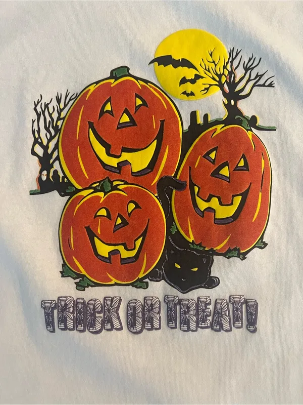 Vintage 90s Halloween T Shirt Large Jack O Lantern Pumpkin Black Cat Trick Treat - Image 2