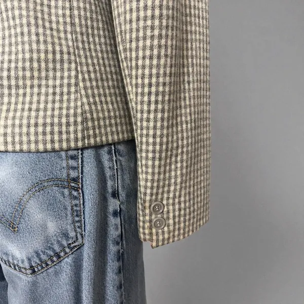 Vintage 90s Cropped Wool Blend Grey & Cream Pointed Lapel Gingham Check Blazer - Image 9