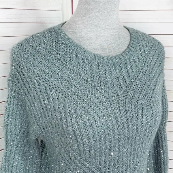 Nine West Scalloped Sleeve‎ Sequin Shimmer Sweater Sage Green Silver XS - Image 5