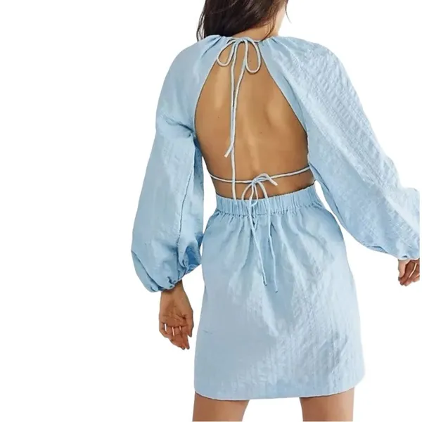 NWT Free People Endless Summer Puff Sleeve Open Back Mini Dress Blue Size Large - Image 5