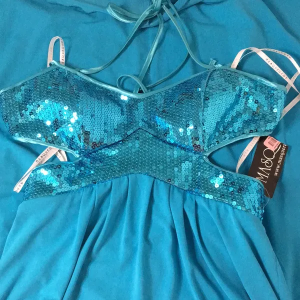 New Masquerade Formal or Prom Halter Shimmery Sequins Dress Turquoise Blue 3/4 - Image 3