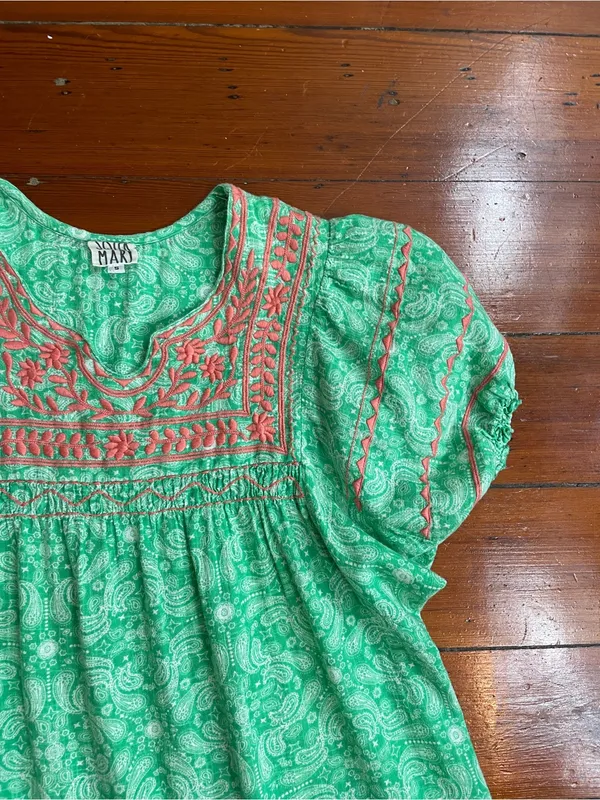 Sister Mary Green Paisley Embroidered Tiered Cotton Mini Boho Dress Sz S 🧡🎀 - Image 8
