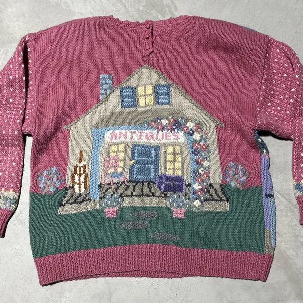 Vintage Hand Knitted Cardigan Sweater SZ L Cottagecore Antiques Farm House Pink - Image 12
