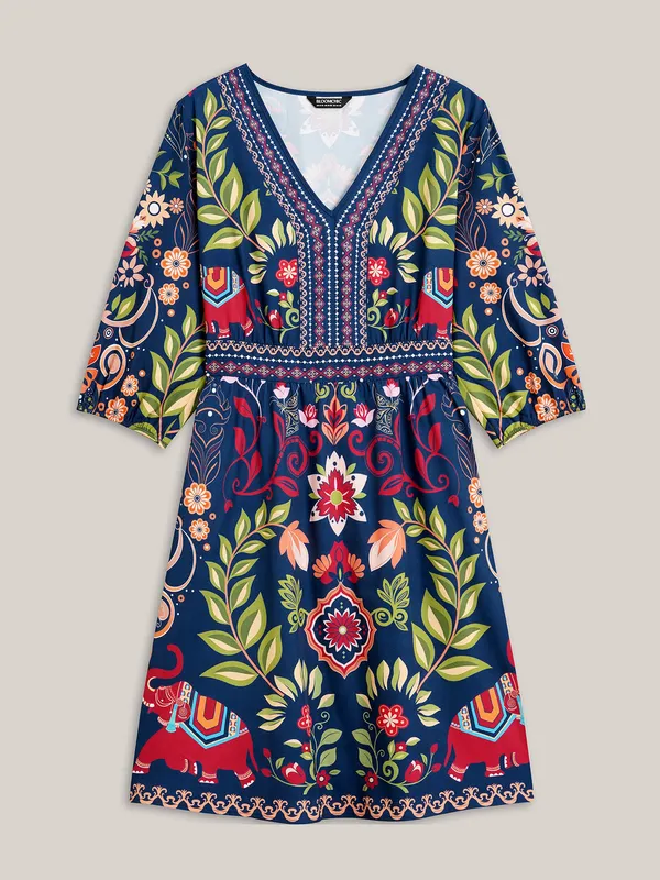BloomChic Blue Floral Boho Dress V-Neck 3/4 Sleeve Midi Size 10 - Image 9