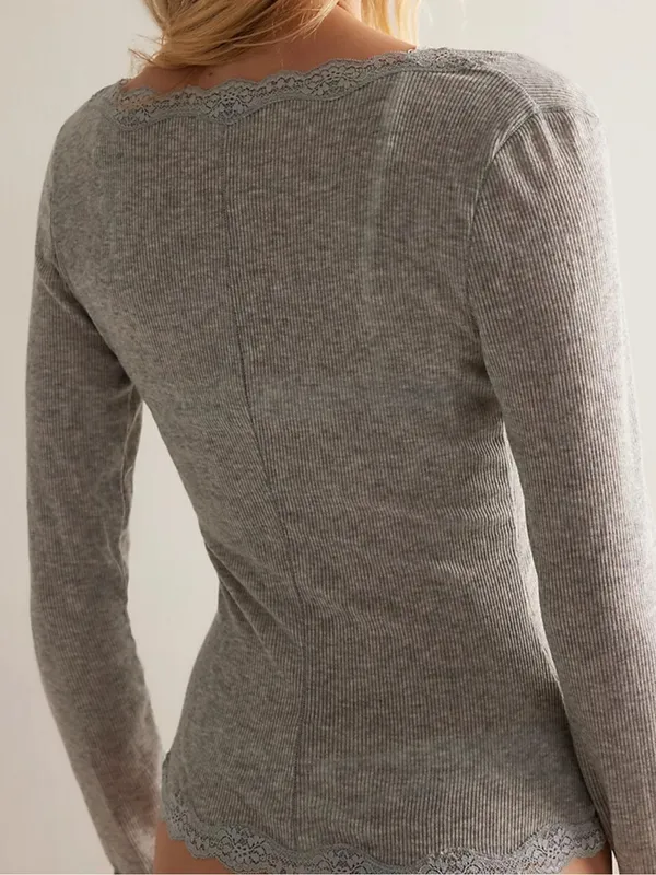 NWT Free people Big Love Ribbed Cardigan Elegant Grey Lace-Trimmed Medium - Image 5