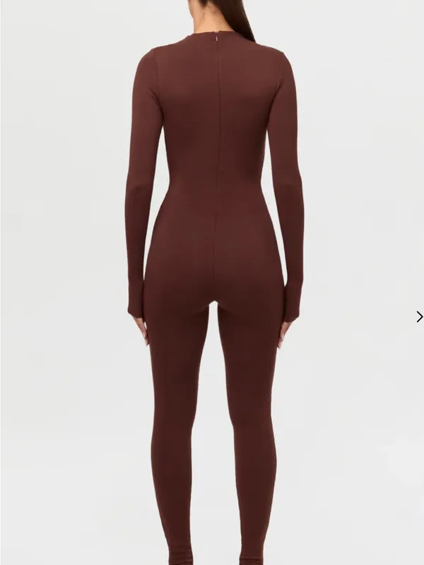 Women’s Fitted Long-Sleeve Jumpsuit - Chocolate Brown - Image 2