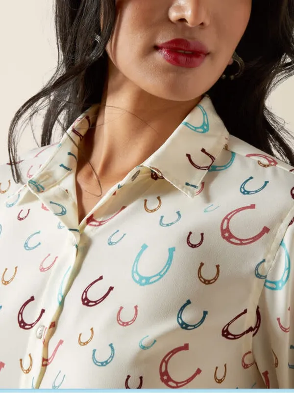 Ariat Western Horseshoe Print Cream Ivory Button Down Blouse Top Large - Image 3