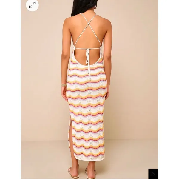 Lulus Natural Bliss NWT Ivory Striped Crochet Lace Up Halter Midi Dress Medium - Image 2