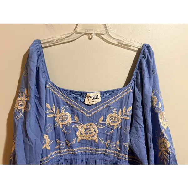 Savanna Jane Babydoll Dress 1X Blue New Floral Embroidered‎ Boho Puff Sleeve - Image 8