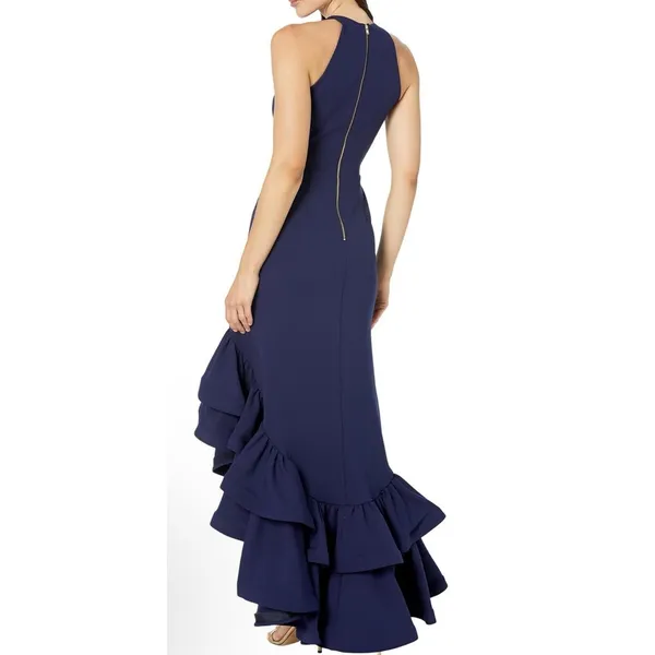 BETSY & ADAM NWT Long Halter Crepe Tiered Ruffle Gown Dress Navy Size 4 - Image 2