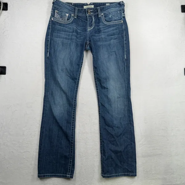 Vigoss 11 / 31 Jeans Bootcut Embellished Rhinestone Flap Pocket Medium Wash Blue - Image 2
