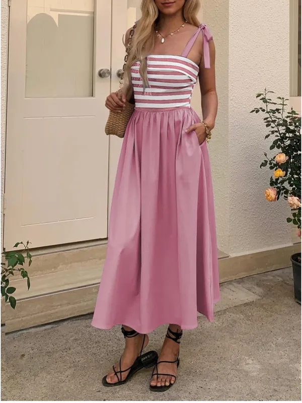 NEW Tie Strap Striped Midi Stretch Dress Pockets Small - Image 6